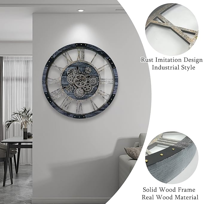 24 Inch Industrial Steampunk Wall Clock, Oversized Solid Wood Frame, Battery Operated, Large Wall Clock with Real Rotating Gears, Gray-CasaMuseHome