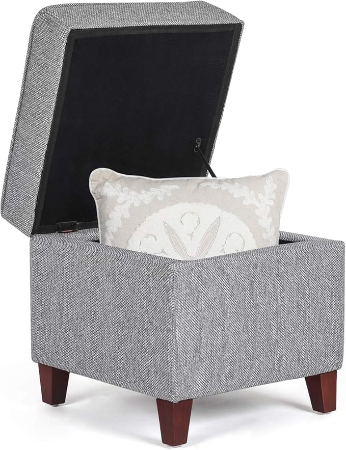 Adeco 17" Square Ottoman with Storage, Small Blue Storage Ottoman Foot Rest with Hinged Lid & Solid Wood Legs, Linen Fabric Foot Stool for Living Room & Bedroom-CasaMuseHome