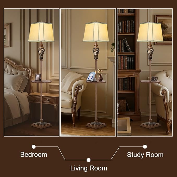 65" High Vintage Floor Lamp with Night Light and Glass Tray, Farmhouse Standing Lamp with Beige Faux Silk Shade, Retro Rustic Tall Lamp Decor for Living Room, Bedroom, Bedside, Corner (Bulb Included)-CasaMuseHome