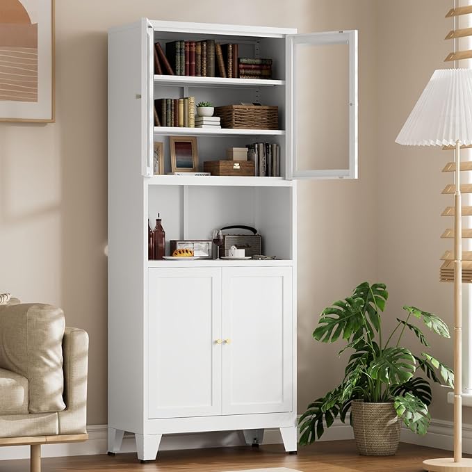 69" Tall Pantry Cabinet, Kitchen Storage Cabinet with 2 Glass Doors and Adjustbale Shelves, Freestanding Metal Cupboards for Dining Room, Living Room, Bathroom-CasaMuseHome