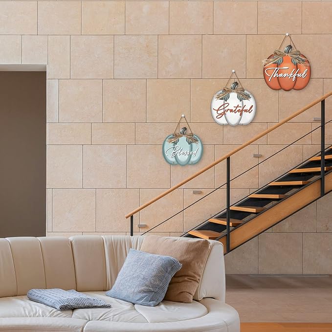 3 Pieces Pumpkin Decor Grateful Thankful Blessed Wall Signs,Rustic Hanging Welcome Door Sign for Autumn Harvest Thanksgiving Halloween Door Wall Decoration Indoor Outdoor Fall Decor for Home-CasaMuseHome