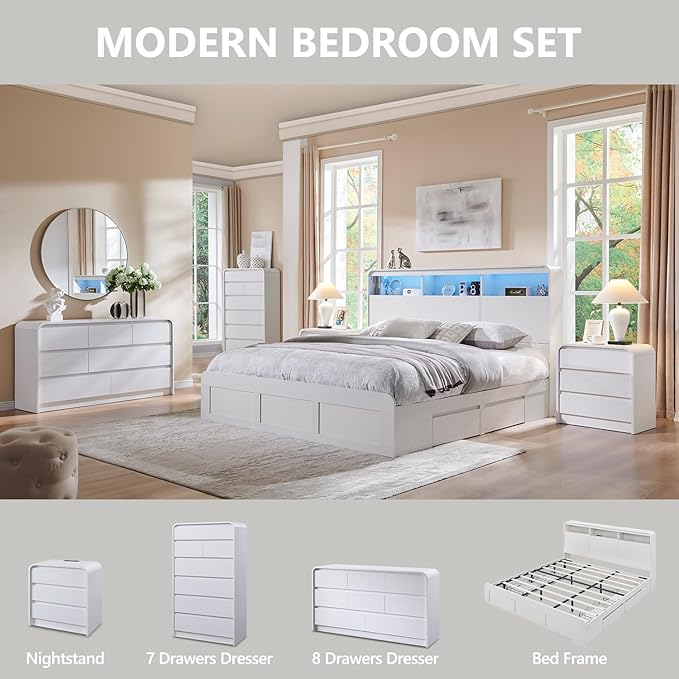 25" Tall Modern Nightstand Set of 2, 23.6" Wide Wood Bedside Table with Charging Station, 3 Storage Drawers Side Table w/Curved Profile Design, End Table for Bedroom, White-CasaMuseHome