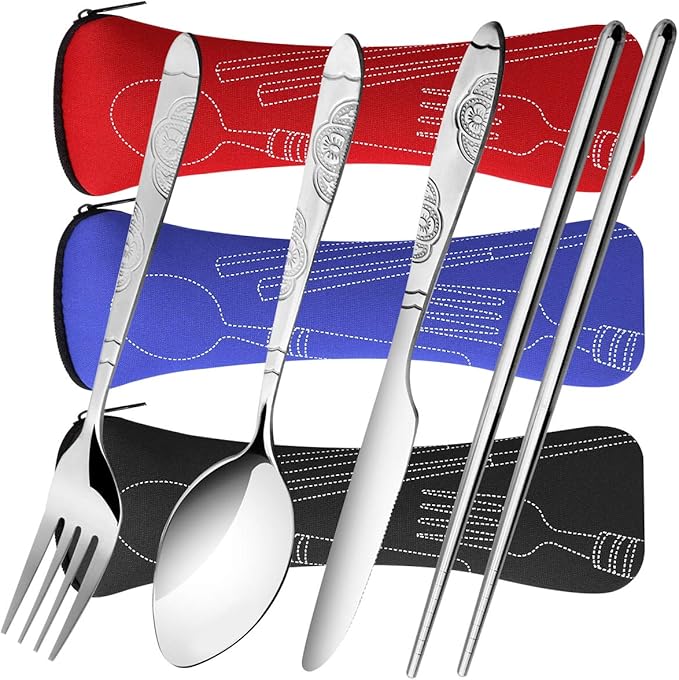 3 Pack Reusable Flatware Sets Knife, Fork, Spoon, Chopsticks, 12Pcs Portable Travel Stainless Steel Tableware Dinnerware with Carrying Case-CasaMuseHome