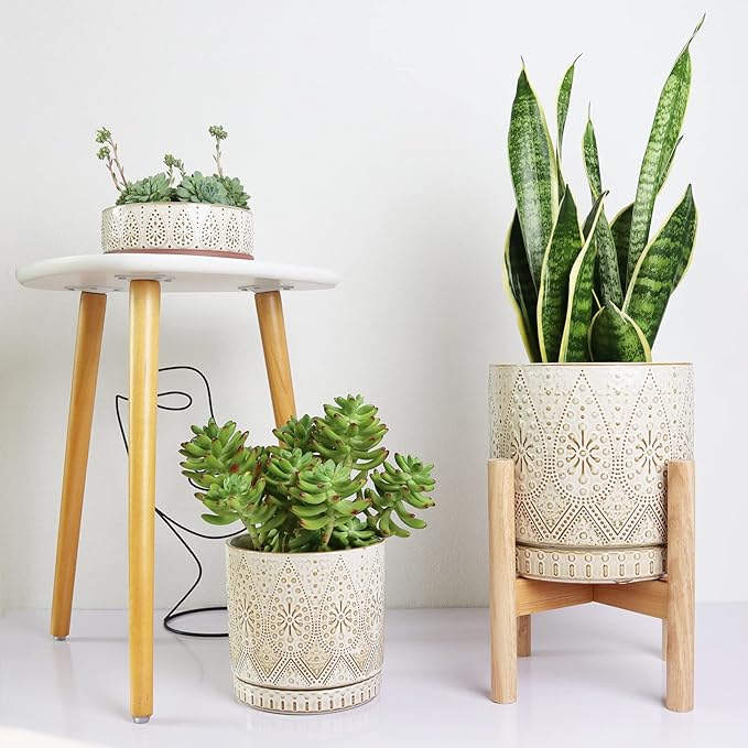 8 Inch Plant Pot with Stand, Ceramic Planter with Drainage Holes, Saucers and Mesh Pads for Indoor-Outdoor Plants-CasaMuseHome