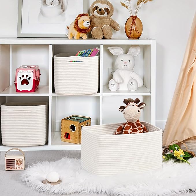3-Pack Shelf Baskets for Organizing, Woven Storage Basket for Shelves, Cotton Rope Storage Bins for Toys Books, Nursery Towel Baskets for Classroom, 14.96"X9.8"X8.85", White-CasaMuseHome
