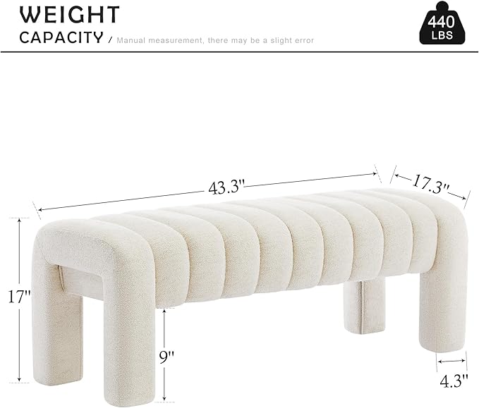 43.3" Bedroom Bench, Upholstered Entryway Bench, Modern End of Bed Ottoman with Solid Wood Legs and Adjustable Foot Pegs for Entryway, Dining Room and Living Room (Beige Linen)-CasaMuseHome