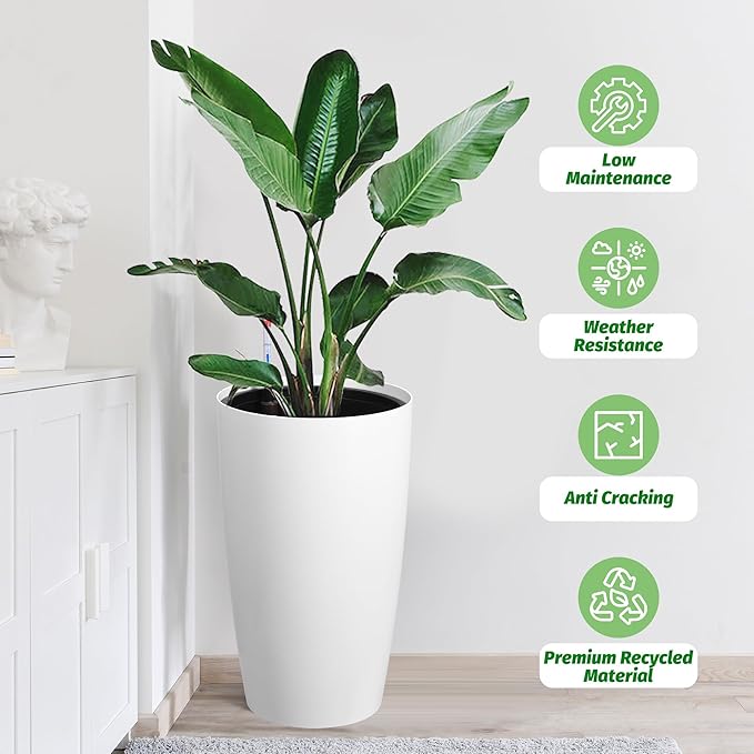 22" Tall Round Planter Set of 2, Self Watering Pots for Indoor Plants, Large Flower Pot Outdoor with Built-in Drainage and a Water Level Monitor, for Patio, Porch, Living Room, or Home Office, White-CasaMuseHome