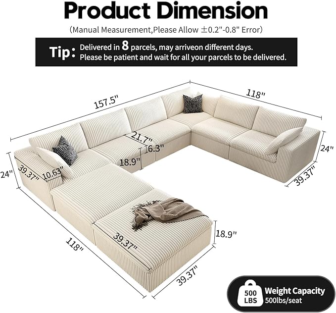 157.5" Cloud Couch Oversized Modular Sectional Sofa for Living Room,Modern Sofa with Deep Seat，8 Seater Boneless Couch with 2 Ottoman,Comfy Upholstered Couches for Apartment, Studio, Office,White-CasaMuseHome