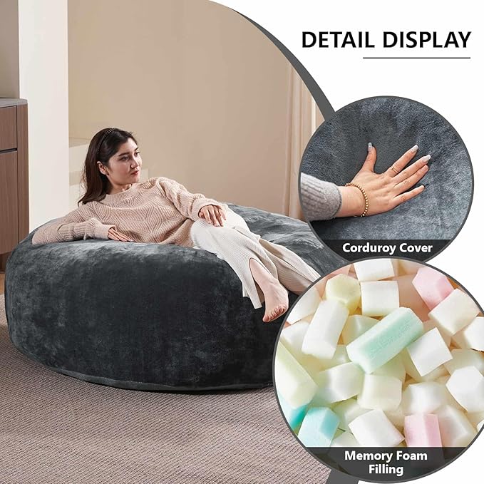 5FT，Big Bean Bag Chairs for Adults，Large beanbag with Filler Included，Memory Foam Material，Easy to Clean and Washable Corduroy Fabric，Suitable for Living Room and Bedroom (Dark Gray, 5 Foot)-CasaMuseHome