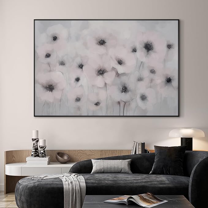 46"x72" Extra Large Framed Wall Art Soft White Poppies Watercolor Floral, Delicate Botanical for Home Living Room Bedroom Decor (Frame Assembly Required)-CasaMuseHome