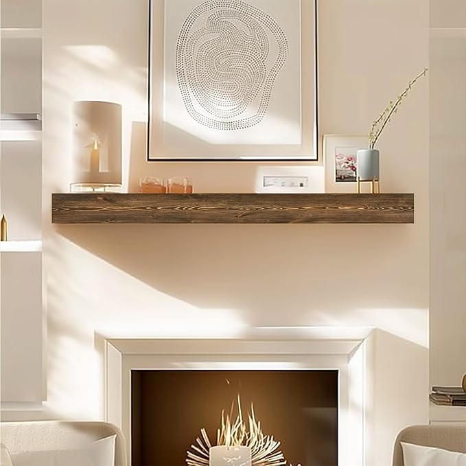 48x8x3 Fireplace Mantel - Handcrafted Hollow Rustic Solid Wood Wall Mounted Floating Shelf with Invisible Heavy Duty Wood Bracket (Weathered Brown)-CasaMuseHome