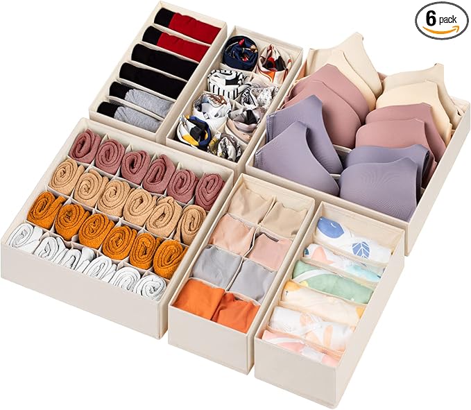 6 Pack Sock Underwear Drawer Organizer Dividers, 58 Cell Foldable Fabric Dresser Closet Organizers and Storage Bins for Clothing, Baby Clothes, Bra, Panty, Scarf, Ties (Beige)-CasaMuseHome