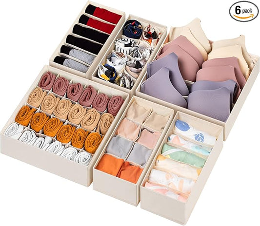 6 Pack Sock Underwear Drawer Organizer Dividers, 58 Cell Foldable Fabric Dresser Closet Organizers and Storage Bins for Clothing, Baby Clothes, Bra, Panty, Scarf, Ties (Beige)-CasaMuseHome