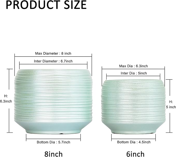 8 Inch + 6 Inch Ceramic Plant Pots Indoor with Drainage – Flower Pot Set, Decorative Indoor Planters for House Plants and Garden Use-CasaMuseHome