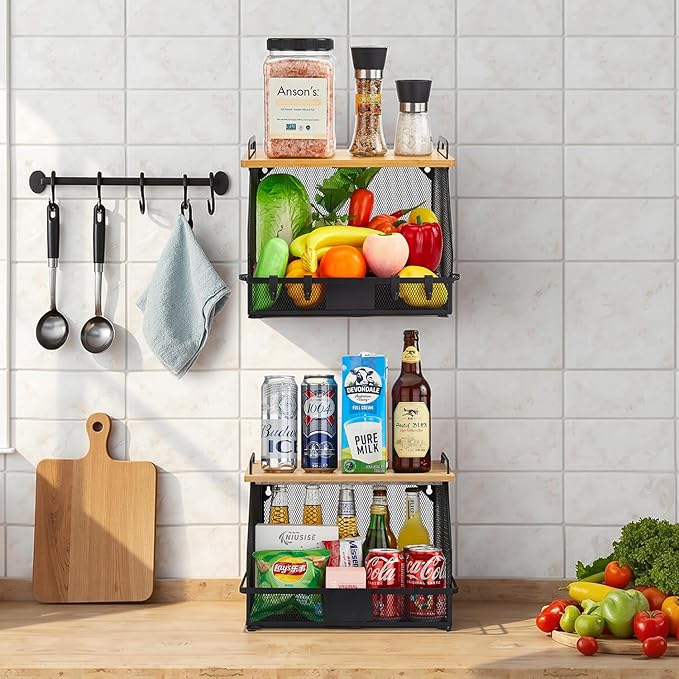 1 SET Large fruit basket for kitchen counter-stackable basket with Bamboo Tops & Tag,hanging wall baske,for Cabinet Shelf Countertop pantry storaget, onion potato Vegs Bread Food Organizing Bin,BLACK-CasaMuseHome