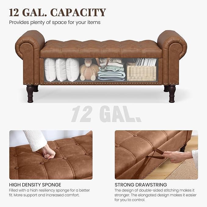 51" Storage Ottoman Bench for Bedroom, Full Queen Storage Bench with Button, Upholstered Bedroom Bench with Rolled Arms for Living Room, Storage Room, Entryway, Brown-CasaMuseHome
