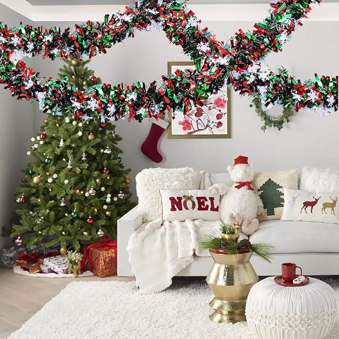 50 Feet Green Red Christmas Metallic Tinsel Twist Hanging Garland with Snowflake for Home Mantle Xmas Tree Staircase Railing New Year Holiday Party Indoor Outdoor Decorations（2 Pcs）-CasaMuseHome