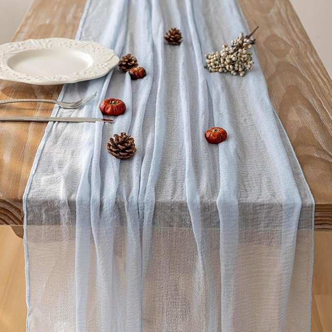 3pcs Light Blue Gauze Rustic Cheesecloth Table Runner 120 Inch 10 FT for Wedding Baby Shower Bridal Shower Birthday Engagement Garden Outdoor Party Long Sheer Boho Decorations-CasaMuseHome