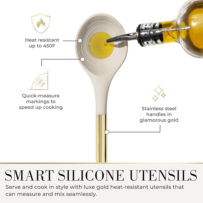 7-Piece Beige & Gold Kitchen Utensils Set – Non-Toxic Silicone & Stainless Steel Tools for Cooking, Serving, & Hosting – Ideal for Nonstick Cookware & Modern Kitchens, with Gold Utensil Holder-CasaMuseHome