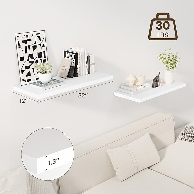 32" Floating Shelves for Wall, 12" Deep Slim White Floating Shelves, Wall-Mounted Shelves for Bedroom, Living Room, Kitchen, Bathroom - Set of 2-CasaMuseHome