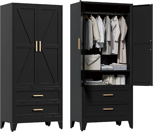 71'' Farmhouse Metal Wardrobe Cabinet with Hanging Rod, 2 Barn Door Wardrobe Closet with Adjustable Shelves,2 Drawer,for Dining Room,Bedroom,Living Room, Cloak Room,Office (Black)-CasaMuseHome