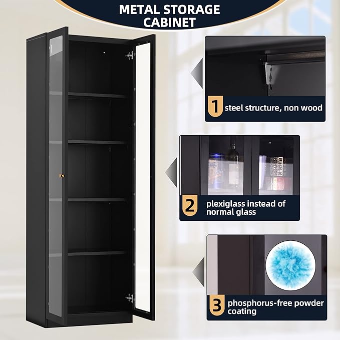 5 Tier Metal Curio Cabinets, Modern Bookshelf Cabinet with 4 Adjustable Shelves, Cabinet Display Case for Home Office, Living Room, Pantry (Black-27.5W)-CasaMuseHome