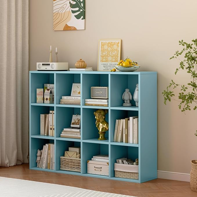 12-Cube Storage Shelf Bookcase - Wooden 3-Tier Floor Standing Open Bookshelf for Home and Office, Display Cabinet, Light Blue-CasaMuseHome