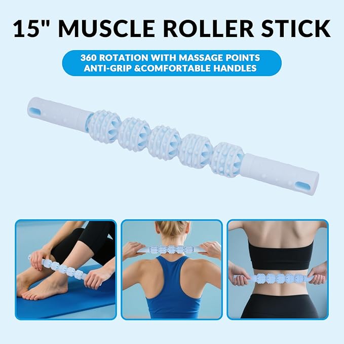 7 in 1 Foam Roller,Products Include Foam shafts,Muscle Roller Bars,Leg Massagers,Fascia Balls,Stretch Bands,8-Shaped Resistance Bands,are Used for Full-Body Relax,Yoga(White Pink Blue) (Blue)-CasaMuseHome