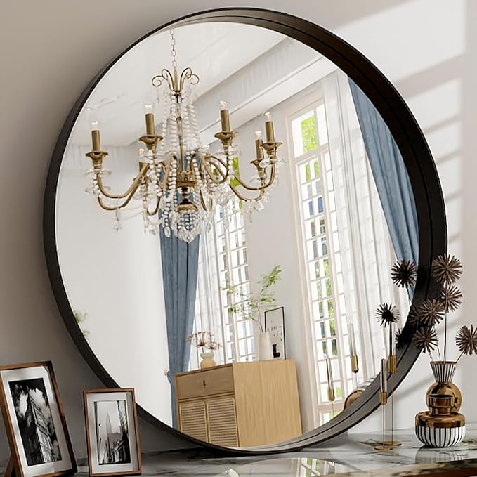 24 Inch Round Bathroom Mirror - Wall Mounted Circle Mirror with Metal Frame, Modern Mirror Suitable for Bathroom, Vanity, Entryway, Living Room, Wall Decor,Black-CasaMuseHome