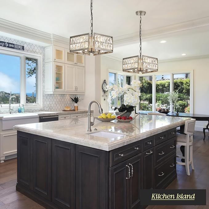 12” 4-Light Modern Crystal Chandeliers Nickel Dinning Room Light Fixture, Square Pendant Light Kitchen Island Chandelier, Flush Mount Ceiling Light for Living Room Entryway Bedroom Foyer-CasaMuseHome