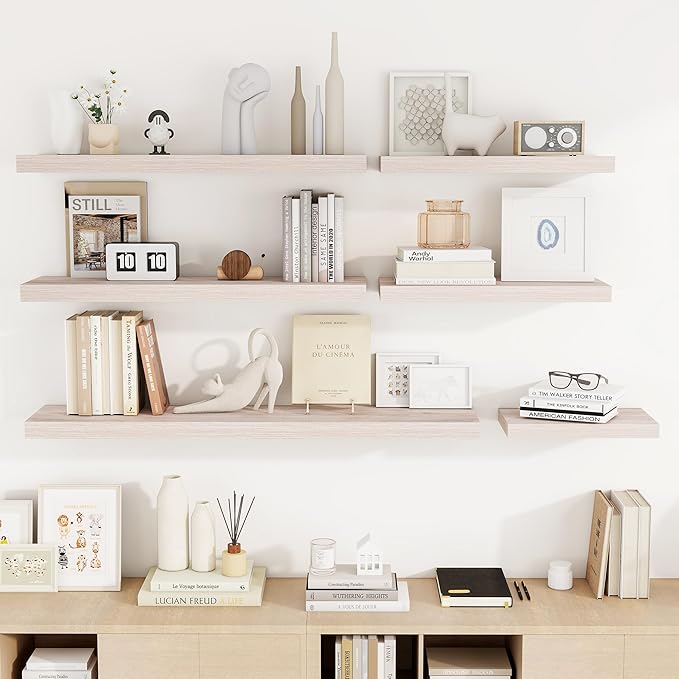 48 Inch Floating Shelves, 3D Textured Wood Grain, 48"x9.25"x1.5" Inch Deep Floating Shelves for Wall, Wooden Shelves for Bathroom, Bedroom, Living Room, Washed White-CasaMuseHome