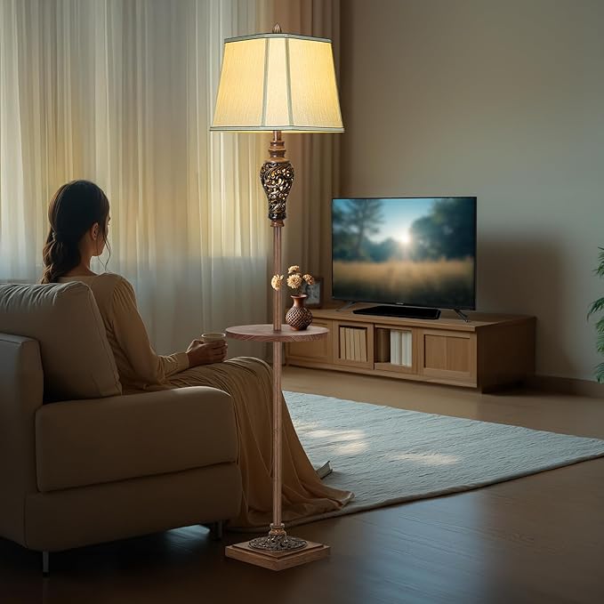 65" High Vintage Floor Lamp with Night Light and Glass Tray, Farmhouse Standing Lamp with Beige Faux Silk Shade, Retro Rustic Tall Lamp Decor for Living Room, Bedroom, Bedside, Corner (Bulb Included)-CasaMuseHome