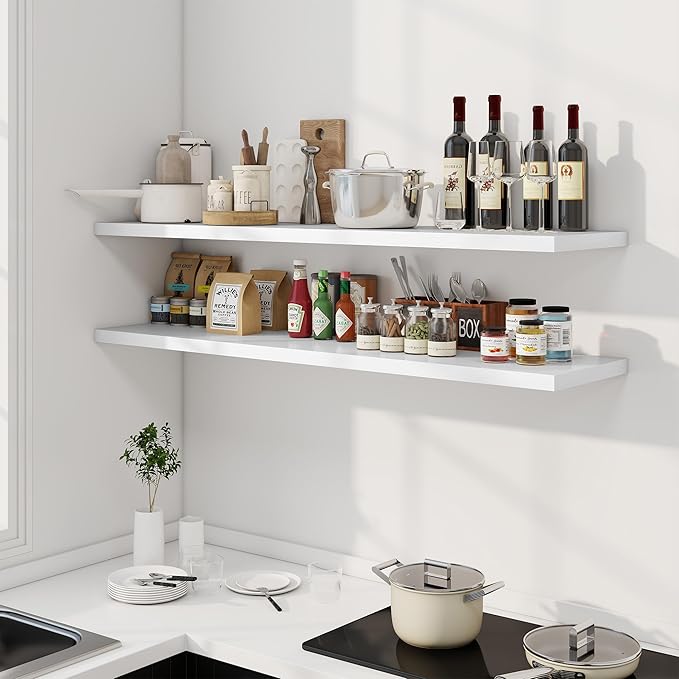55" Floating Shelves for Wall, 12" Deep Slim White Floating Shelves, Wall-Mounted Shelves for Bedroom, Living Room, Kitchen, Bathroom - Set of 2-CasaMuseHome