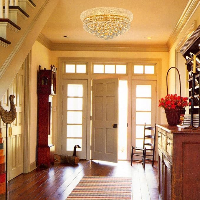 9-Light Crystal Flush Mount Chandelier Ceiling Light Fixture for Living Room Dining Room Bedroom Foyer Entryway Hallway Closet Bathroom (Gold D22)-CasaMuseHome