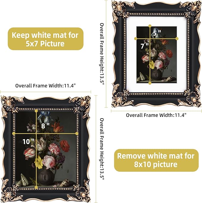 8x10 Vintage Picture Frame with Embossed Flower Design, Black Ornate Frame for 8x10 or 5x7 Pictures with White Mat, Hand-Crafted Resin Antique Frames for Tabletop & Wall Hanging, Home Decor (Black)-CasaMuseHome