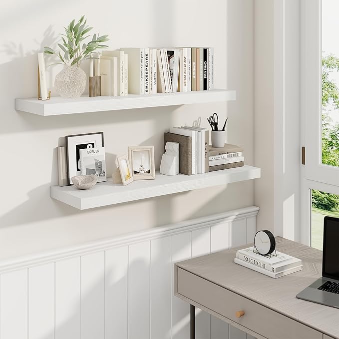 36 Inch Floating Shelves, 9.3 Inch Deep Rustic Wall Shelves - Extra Deeper Wall Mounted Storage Shelves for Bathroom, Kitchen, Living Room (White, Set of 2)-CasaMuseHome
