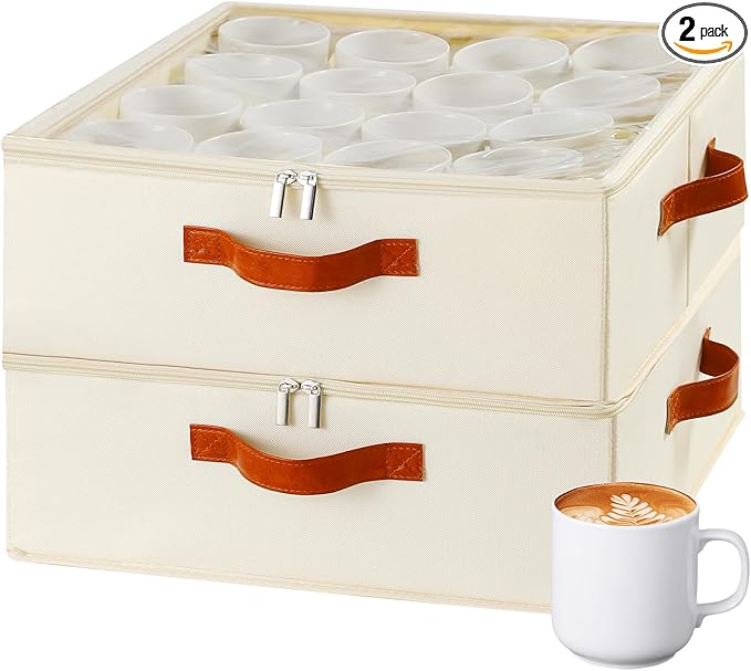 2 Pack Cup and Mug Storage Box with Dividers and Hard Shell, Stackable Coffee Cup Storage Organizer with Lid, Zipper, and Handles for Coffee Mugs, Cups, Glasses, Stemware Storage Containers for Moving-CasaMuseHome