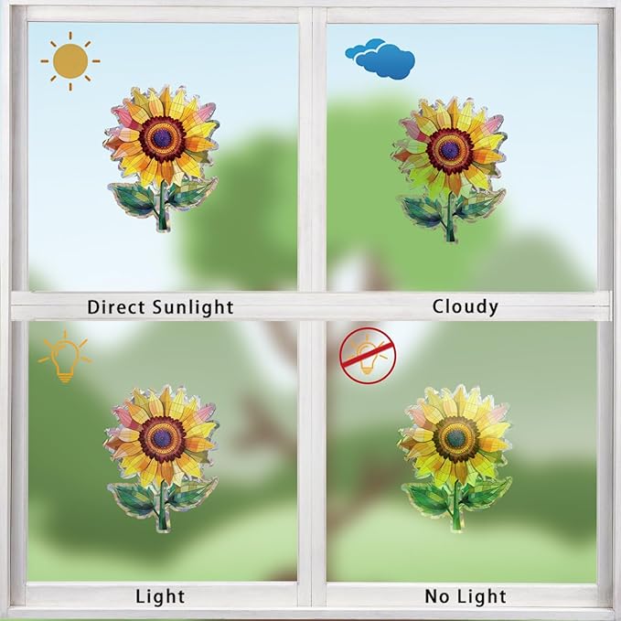 12pcs Window Decals for Bird Strikes, Anti Collision Window Clings, Rainbow Reflection Window Sticker, Sunflower Style Sun Catcher Stickers for Glass Windows-CasaMuseHome