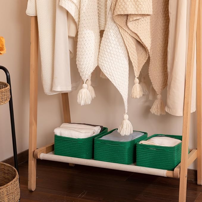 3 Pack Small Storage Baskets for Organizing, Cute Woven Decorative Gift Baskets for Shelves, Mini Closet Organizer Bins with Handles, 11.81''Lx7.87''Wx4.72''H-Green-CasaMuseHome