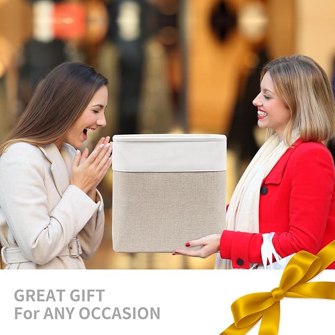 13x13 Cube Storage Bins, Collapsible Fabric Storage Box, 4 Pack Closet Baskets with Handles for Organizing, Shelf, Toys, Clothes, Home, Office, Nursery (Beige&White)-CasaMuseHome