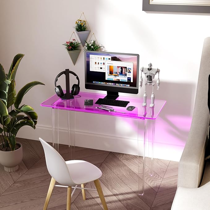 Acrylic Desk, Modern Study Table for HomeOffice-Extended Surface Multi-Purpose Console & EntrywayTable, Sturdy Lightweight Design（(42.5-inch, Pink)-CasaMuseHome