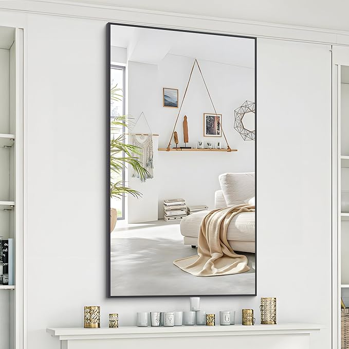 48x24In Black Bathroom Mirror for Wall, Rectangle Mirrors with Metal Frame, Bathroom Rectangular Mirror Modern Wall Mirror for Bedroom Living Room, Entryway Hangs Horizontal or Vertical-CasaMuseHome