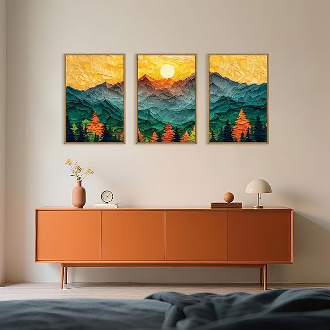 Abstract Mountain Framed Canvas Wall Art Set, Forest Pine Tree Golden Sunset Wall Decor, Mixed Patchwork Landscape Art Print for Living Room, Bedroom, Dining Room, Office - 16"x24"x3-CasaMuseHome