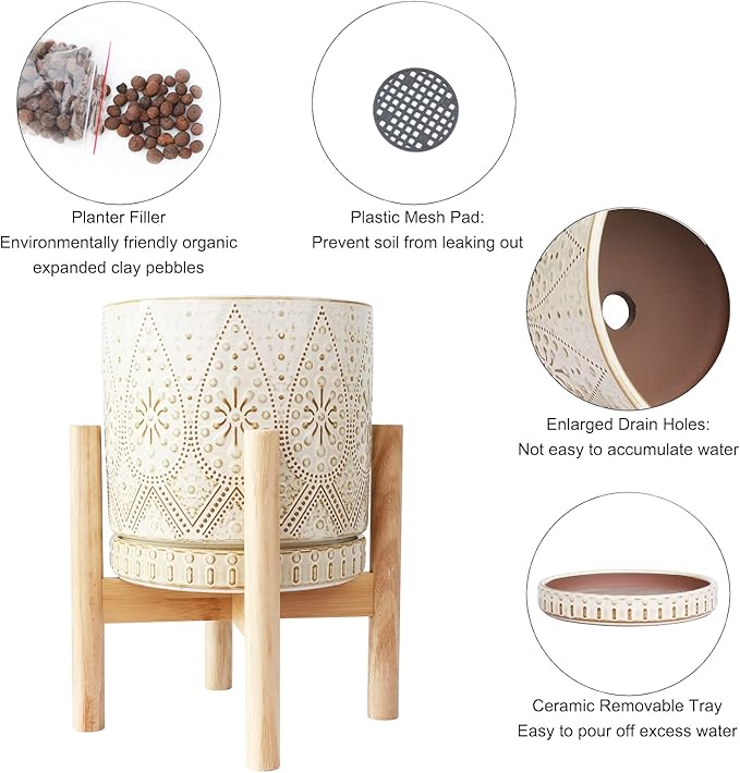 8 Inch Plant Pot with Stand, Ceramic Planter with Drainage Holes, Saucers and Mesh Pads for Indoor-Outdoor Plants-CasaMuseHome