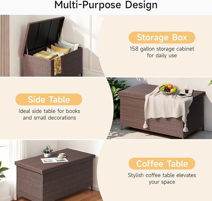 158 Gallon XL Deck Box with Lid, All Weather Wicker Outdoor Storage Box Waterproof, Large Outdoor Patio Storage Bin for Cushions, Garden Tools, Gears, Pool Accessories, Brown-CasaMuseHome