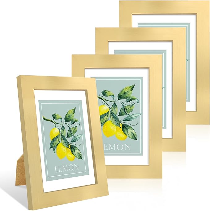 4x6 Picture Frame Set of 4, 4 x 6 Wood Photo Frames with Mat for 3.5x5, Wooden Frame with Real Glass Cover for Wall and Tabletop Display,Gold-CasaMuseHome