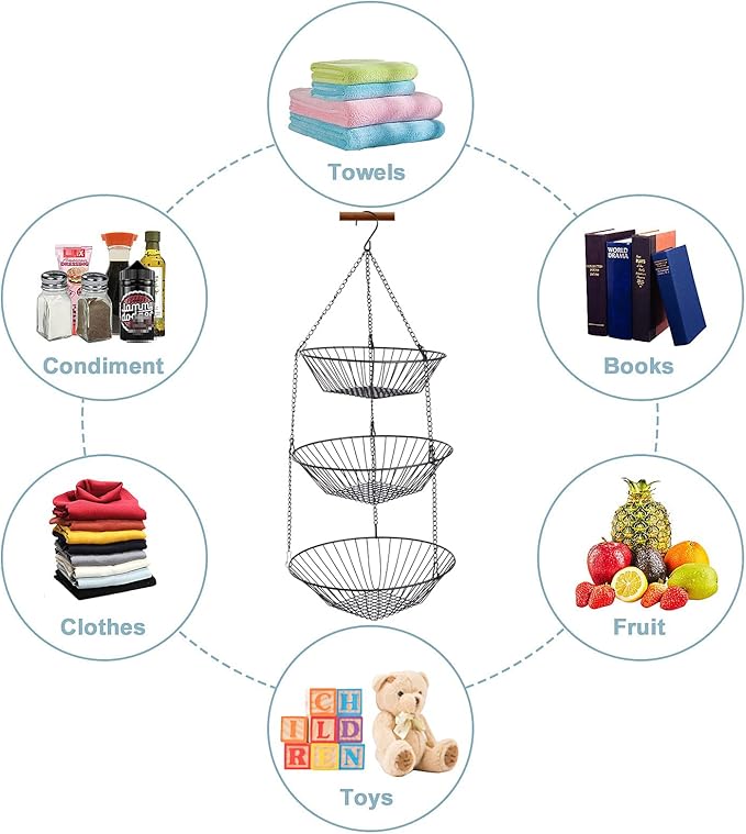 3-Tier Wire Fruit Hanging Basket 2 Packs,non-Punching Wall Hanging Storage,Kitchen Bathroom Organization Basket,Suitable for Bathroom,Kitchen,Closet,Garden,Black-CasaMuseHome
