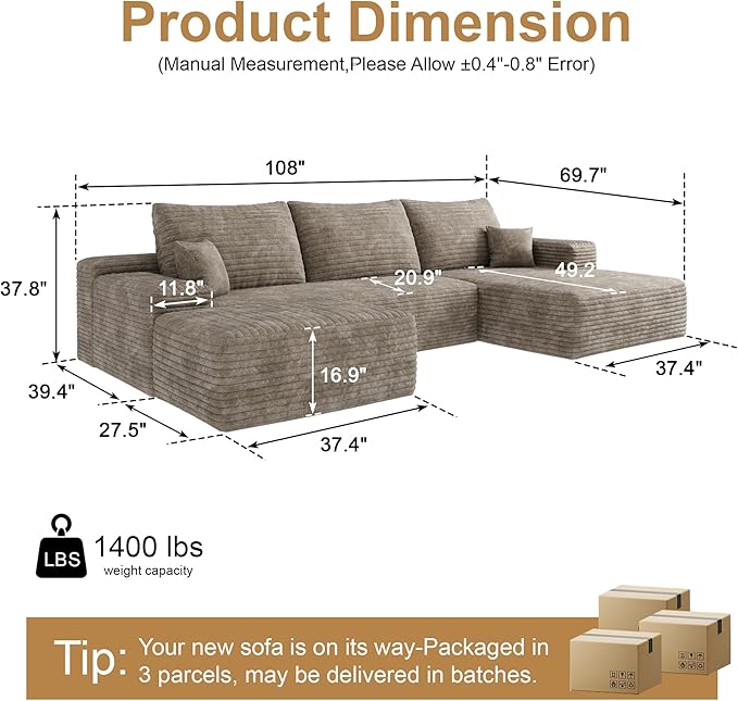 108" Sectional Couches for Living Room Modern Modular Sofa with L-Shape Couchs Upholstered Boneless Couch Deep Seat Sectional Couch with Chaise (Camel, Right Facing Chaise+2Seaters+1Ottoman)-CasaMuseHome