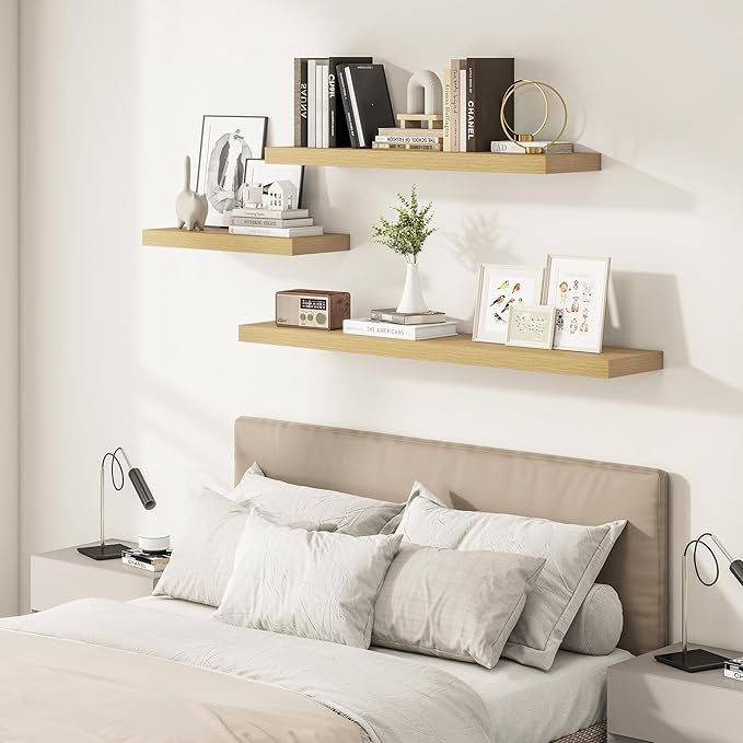 12 Inch Deep Floating Shelves 48 inch Long, 48 x 12 Wide Wall Shelves with Invisible Brackets, Heavy Duty Shelf for Bedroom Bathroom Living Room Kitchen Office Home Decor, Modern Shelf Set of 2, Oak-CasaMuseHome