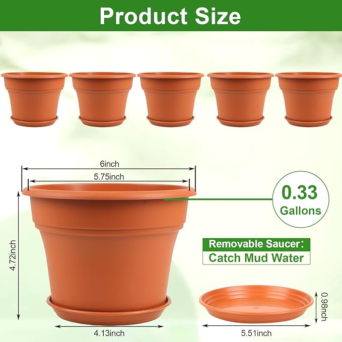 6 Inch Plastic-Flower Pot-for-Indoor Plants, 6 Pack Outdoor Plant Pots with Drainage Holes & Saucers, Resin Garden Pots Planters-CasaMuseHome